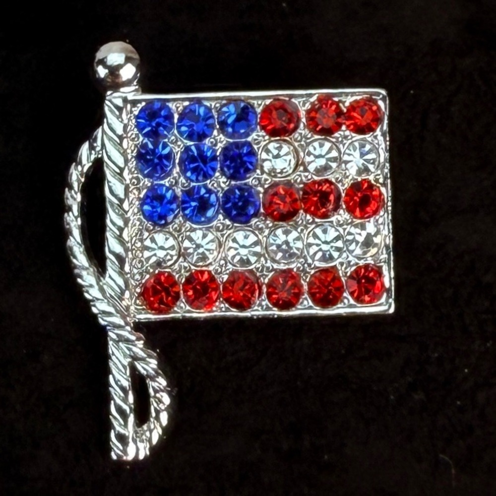 Silvertone, red, white and blue rhinestone bling costume flag brooch pin